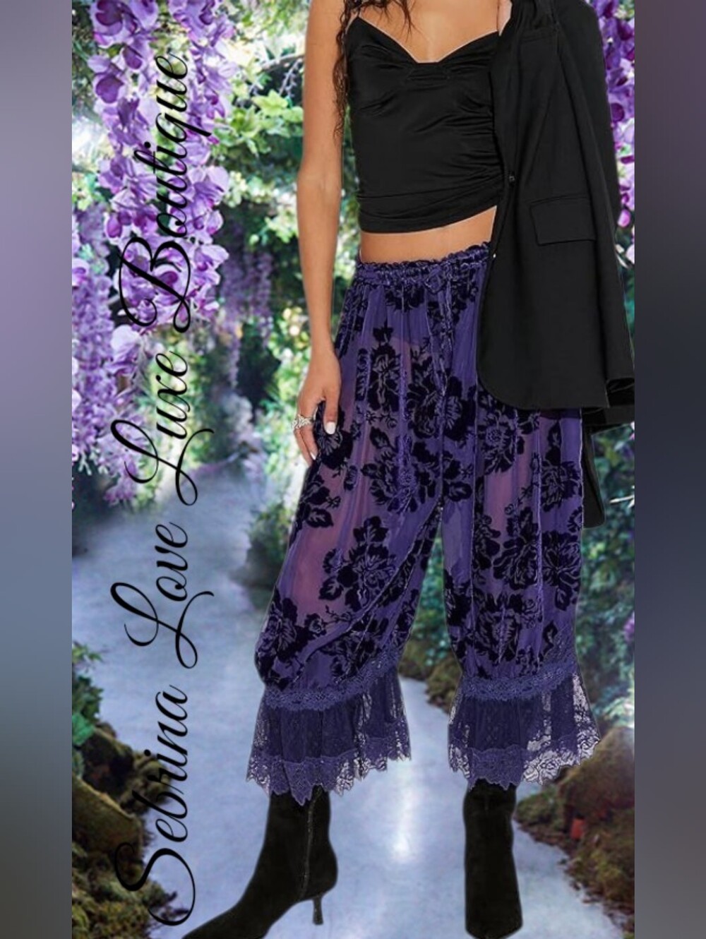 Romantic Victorian Inspired Purple Black Lace Boho Bloomer Pantaloon Harem Pants